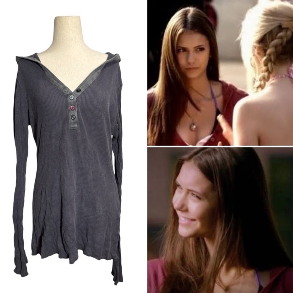 Miley Cyrus • Hooded Waffle Thermal Henley Top Navy Blue XL ASO Elena Gilbert